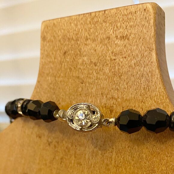 Black Rhinestone Round Faceted Beaded Necklace with Clear Faux Diamond Box Clasp - Picture 3 of 4